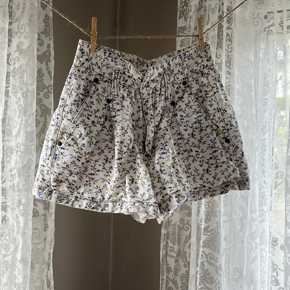 White Denim Floral Shorts